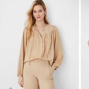 Shirred Yoke Tie Neck Top